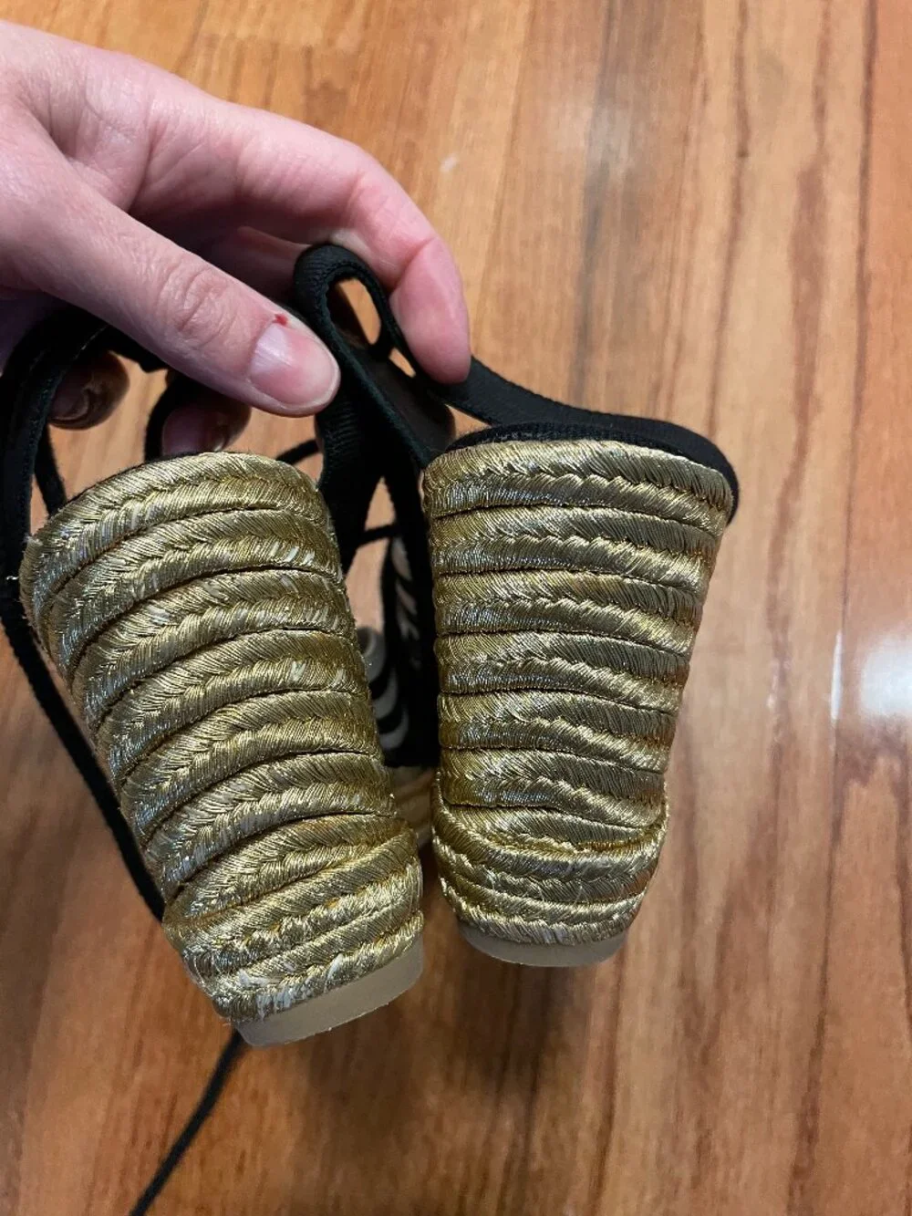Marc Jacobs Dani Striped Canvas Wedge Espadrille Sandals Gold Heel Size 38